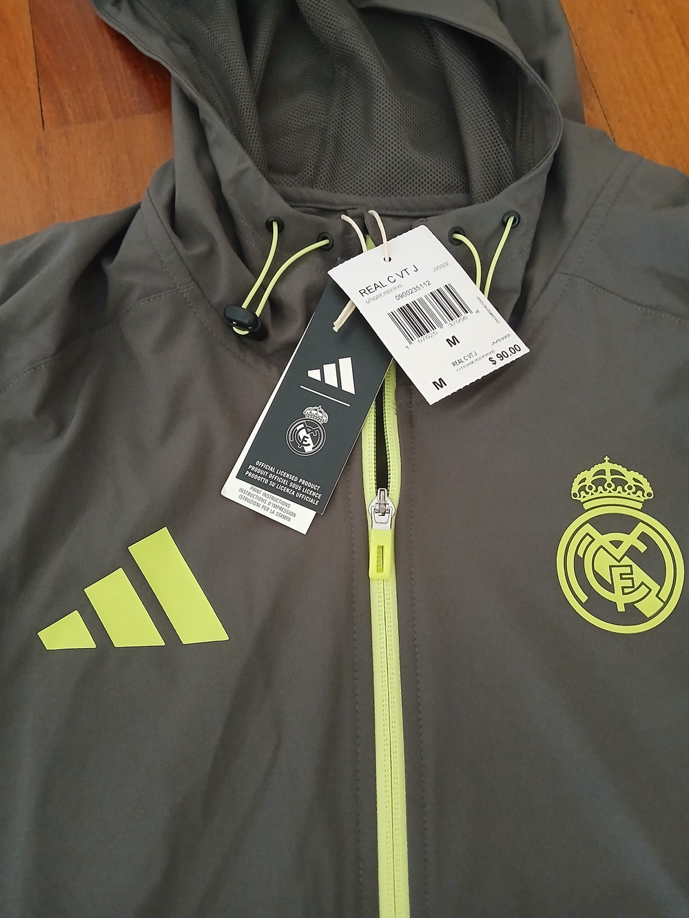 Adidas Real Madrid Hooded Jacket - Olive Gray with Neon Yellow